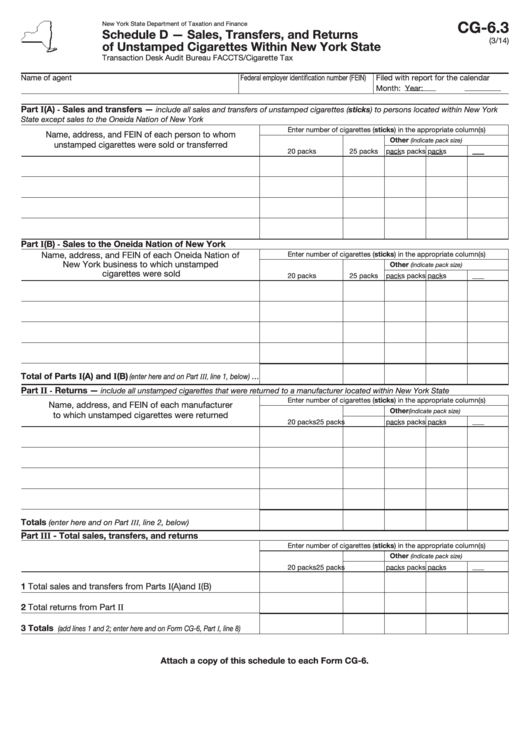 Schedule D (Form Cg-6.3) - Sales, Transfers, And Returns Of Unstamped Cigarettes Within New York State Printable pdf