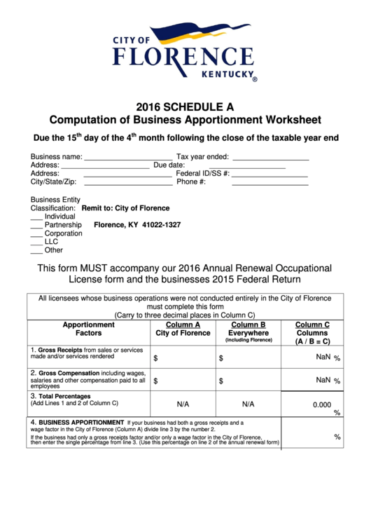 Fillable Schedule A - Computation Of Business Apportionment Worksheet - 2016 Printable pdf