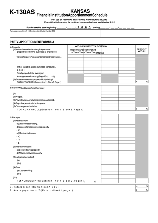 Fillable Form K-130as - Kansas Financial Institution Apportionment Schedule - 2005 Printable pdf