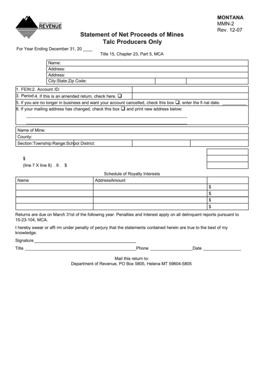 Fillable Form Mmn-2 - Statement Of Net Proceeds Of Mines Talc Producers Only Printable pdf