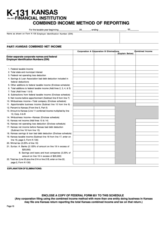 Fillable Form K-131 - Kansas Financial Institution Combined Income Method Of Reporting Printable pdf