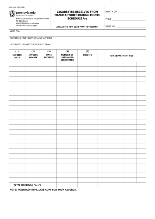 Fillable Schedule A-1 (Form Rev-1048) - Cigarettes Received From Manufacturer During Month Printable pdf