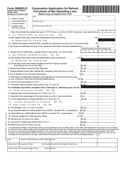 Fillable Form 500nold - Virginia Corporation Application For Refund ...