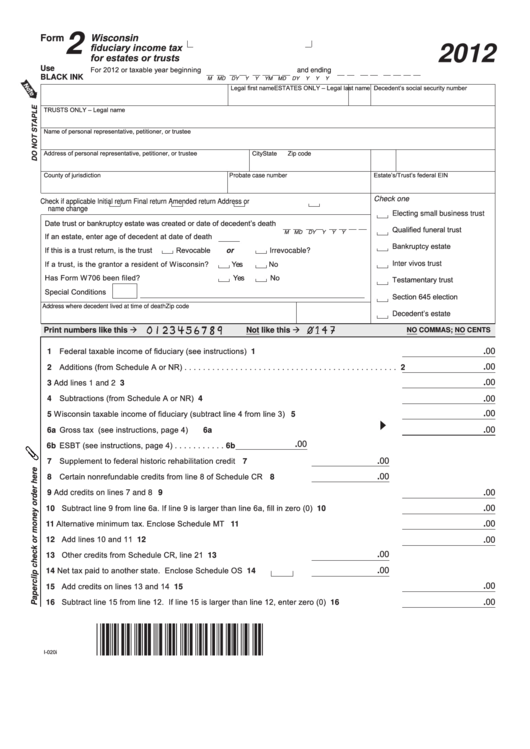 Fillable Form 2 - Wisconsin Fiduciary Income Tax For Estates Or Trusts - 2012 Printable pdf