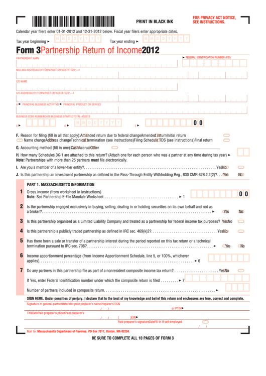 Form 3 - Partnership Return Of Income - 2012 Printable pdf