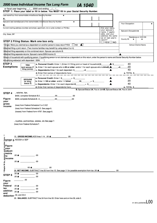 Form Ia 1040 - Iowa Individual Income Tax Long Form - 2000 Printable pdf