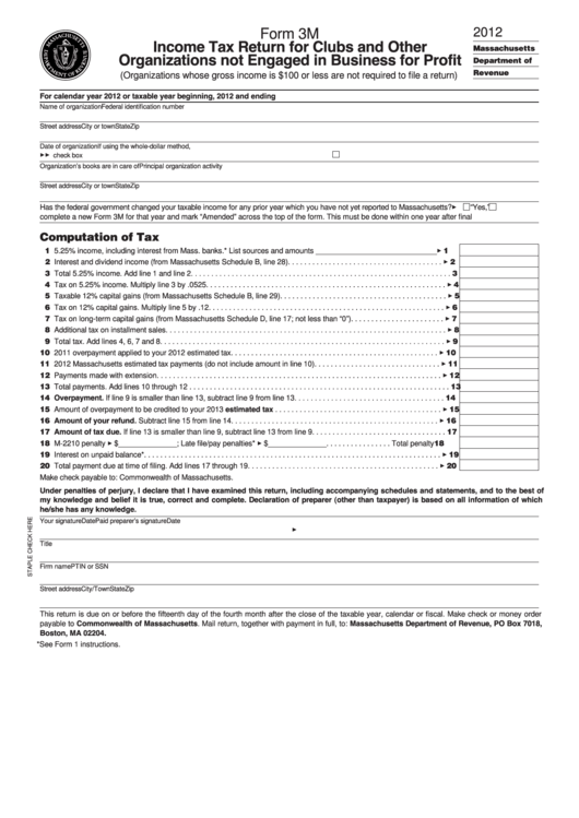 Fillable Form 3m - Income Tax Return For Clubs And Other Organizations Not Engaged In Business For Profit - 2012 Printable pdf