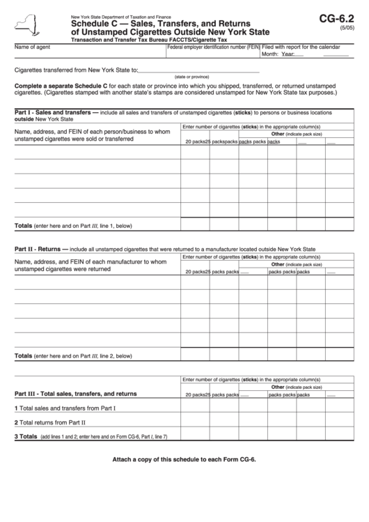 Schedule C (Form Cg-6.2) - Sales, Transfers, And Returns Of Unstamped Cigarettes Outside New York State Printable pdf