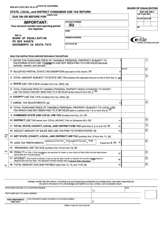 Fillable Form Boe-401-E - State, Local, And District Consumer Use Tax Return Printable pdf