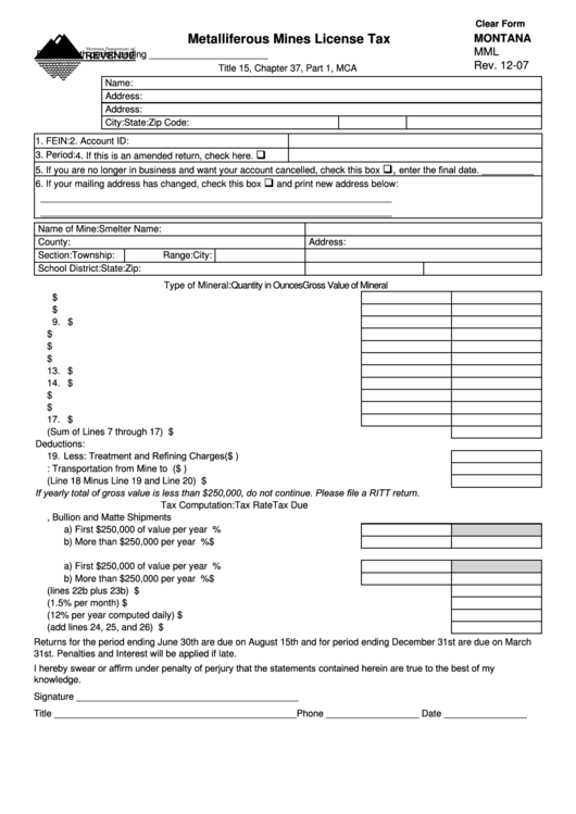 Fillable Form Mml - Metalliferous Mines License Tax Printable pdf