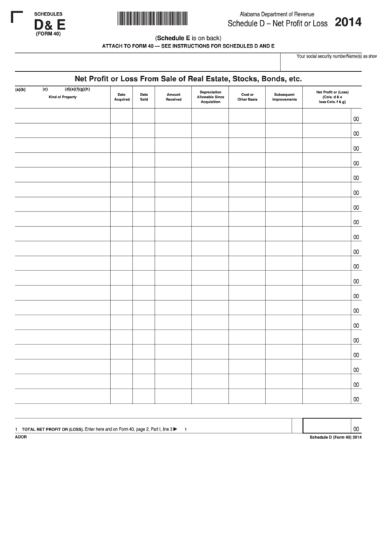 Schedules D& E (Form 40) - Alabama Net Profit Or Loss - 2014 Printable pdf