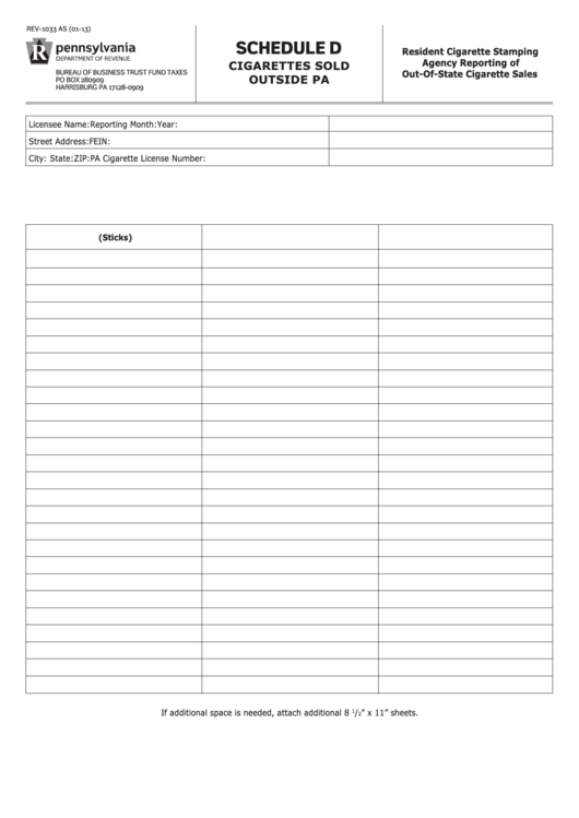 Schedule D (Form Rev-1033) - Cigarettes Sold Outside Pa Printable pdf