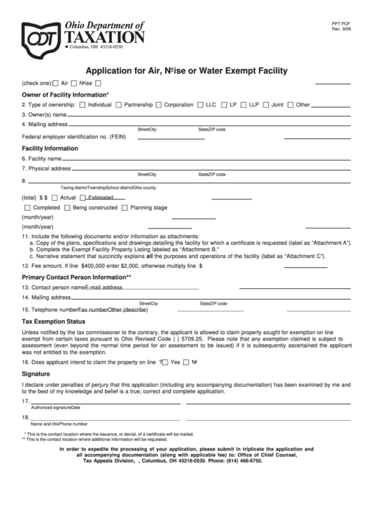 Fillable Form Ppt Pcf - Application For Air, Noise Or Water Exempt Facility Printable pdf