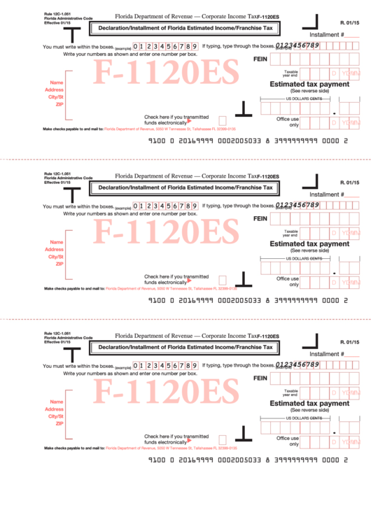 Form F-1120es - Declaration/installment Of Florida Estimated Income/franchise Tax Printable pdf
