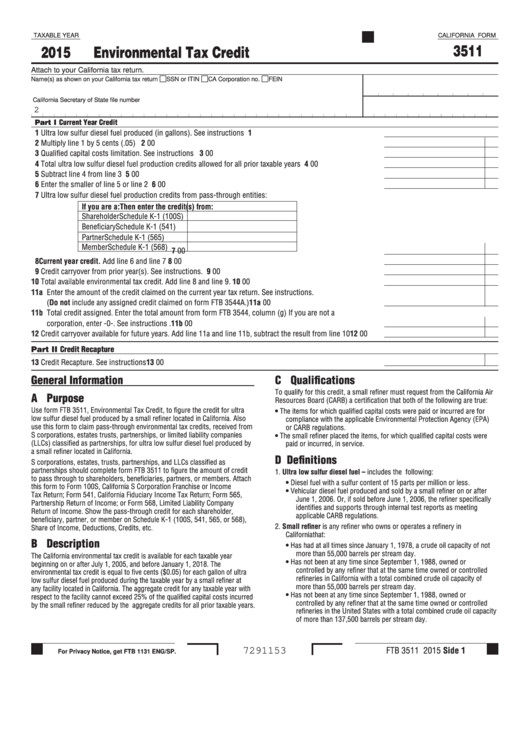 Fillable Form 3511 - California Environmental Tax Credit - 2015 Printable pdf