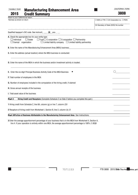 Fillable Form 3808 - California Manufacturing Enhancement Area Credit Summary - 2015 Printable pdf