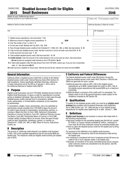 Fillable Form 3548 - California Disabled Access Credit For Eligible Small Businesses - 2015 Printable pdf