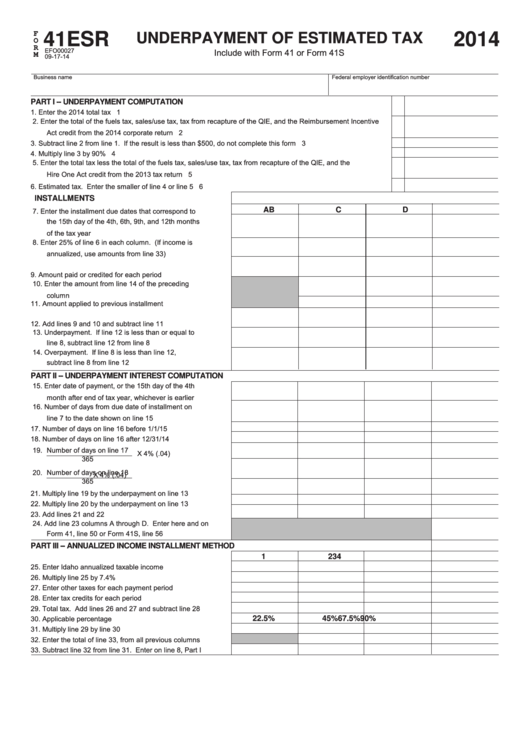 Form 41esr - Idaho Underpayment Of Estimated Tax - 2014 Printable pdf