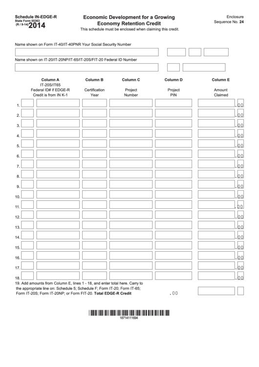 Fillable State Form 55363 - Schedule In-Edge-R - Economic Development For A Growing Economy Retention Credit - 2014 Printable pdf