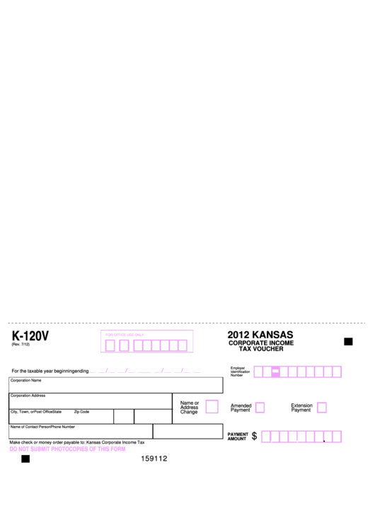 Fillable Form K-120v - Kansas Corporate Income Tax Voucher - 2012 Printable pdf