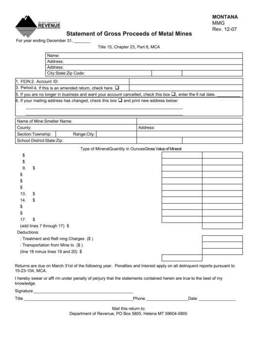 Fillable Form Mmg - Statement Of Gross Proceeds Of Metal Mines Printable pdf