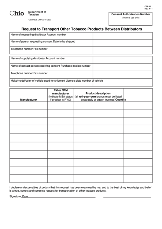 Fillable Form Otp 99 - Request To Transport Other Tobacco Products Between Distributors Printable pdf