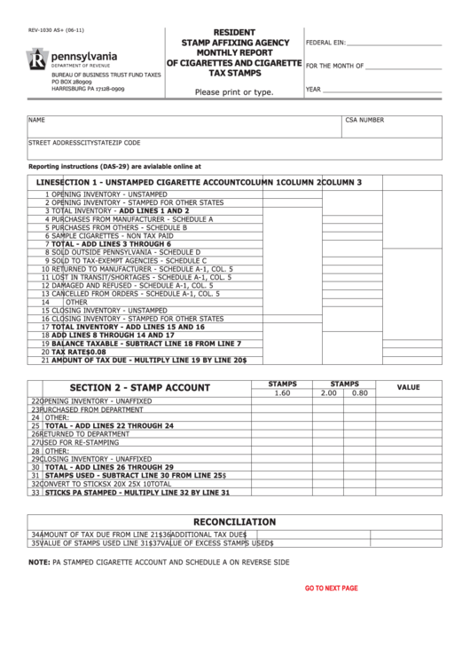 Fillable Form Rev-1030 - Resident Stamp Affixing Agency Monthly Report Of Cigarettes And Cigarette Tax Stamps Printable pdf