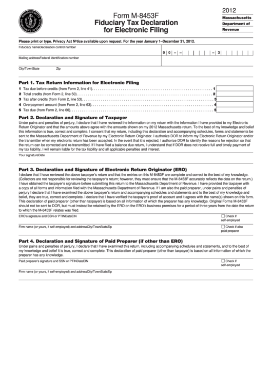 Fillable Form M-8453f - Fiduciary Tax Declaration For Electronic Filing - 2012 Printable pdf