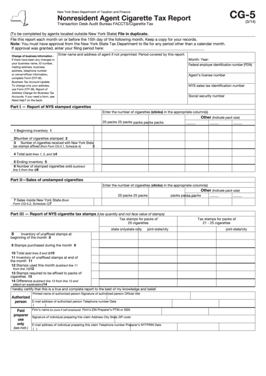Form Cg-5 - Nonresident Agent Cigarette Tax Report Printable pdf