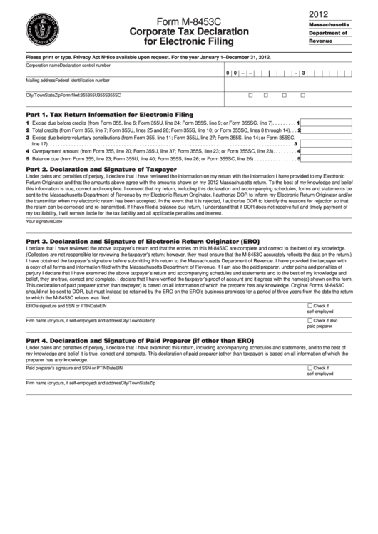 Form M-8453c - Corporate Tax Declaration For Electronic Filing - 2012 Printable pdf