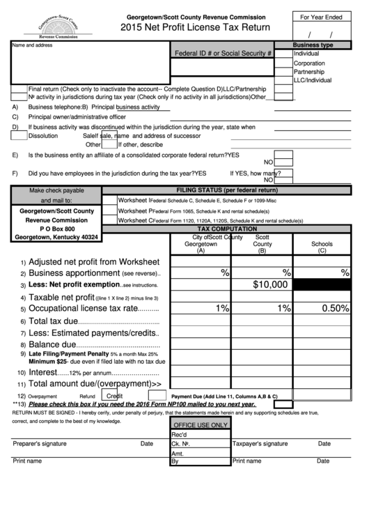 Form Net Profit License Tax Return - Georgetown/scott County Revenue Commission - 2015 Printable pdf