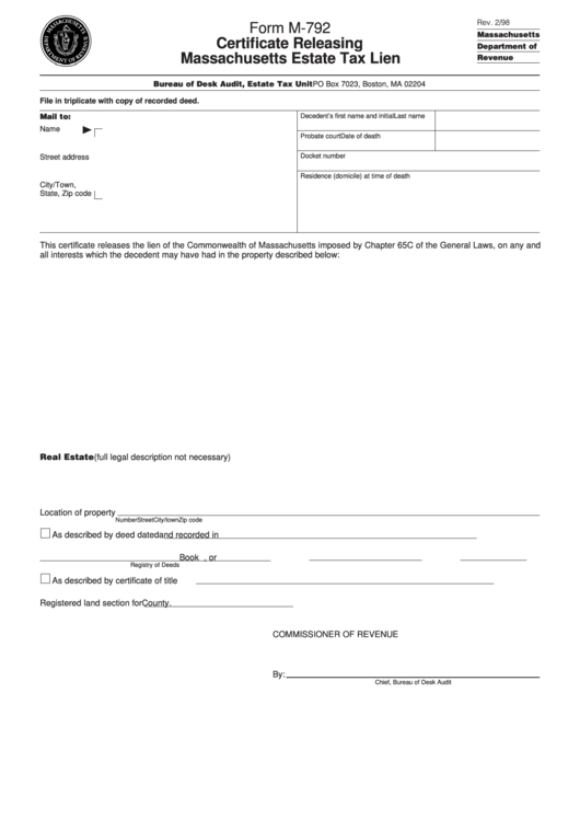 Fillable Form M-792 - Certificate Releasing Massachusetts Estate Tax Lien Printable pdf