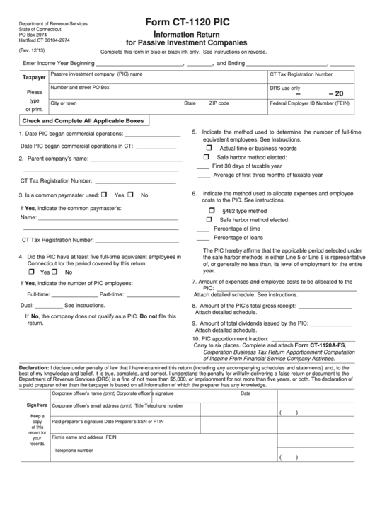 Form Ct-1120 Pic - Connecticut Information Return For Passive Investment Companies Printable pdf