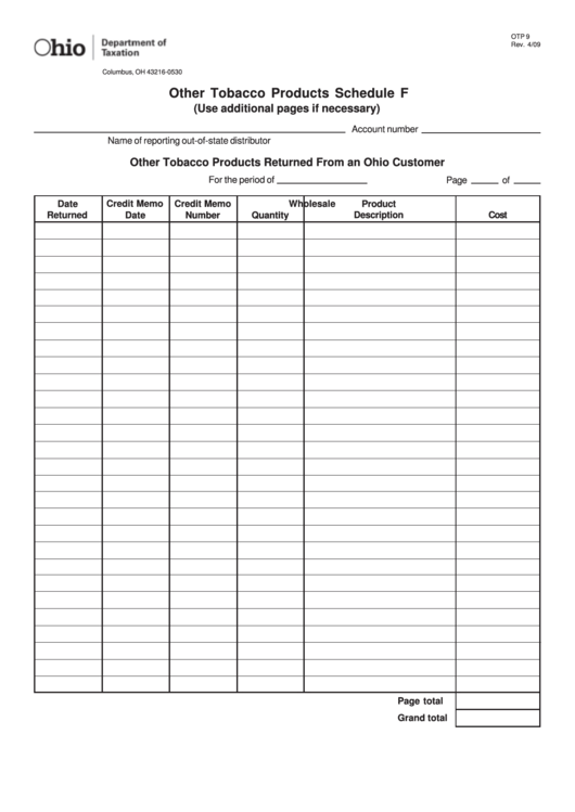 Fillable Schedule F (Form Otp 9) - Other Tobacco Products Printable pdf