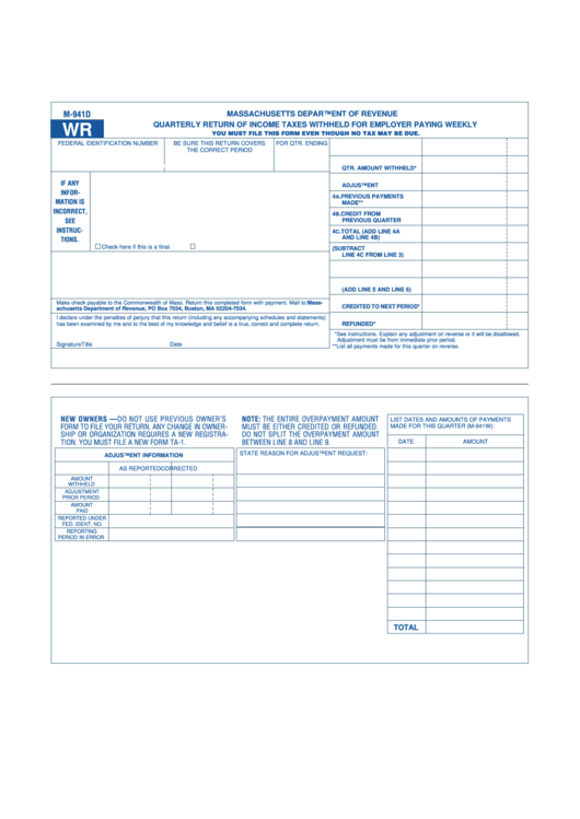 Form M-941d Wr - Quarterly Return Of Income Taxes Withheld For Employer Paying Weekly Printable pdf