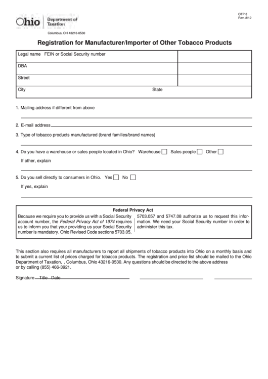 Fillable Form Otp 8 - Registration For Manufacturer/importer Of Other Tobacco Products Printable pdf