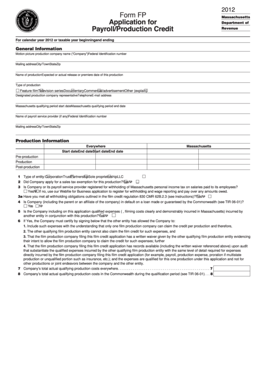 Form Fp - Application For Payroll/production Credit - 2012 Printable pdf