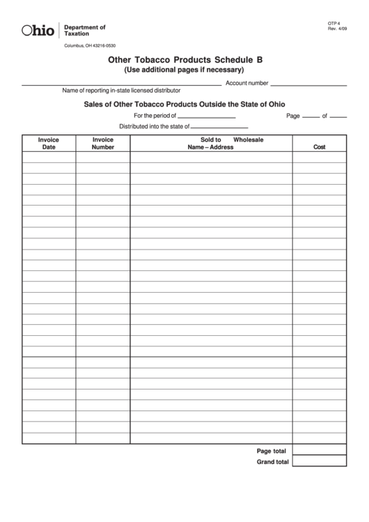 Fillable Schedule B (Form Otp 4) - Other Tobacco Products Printable pdf