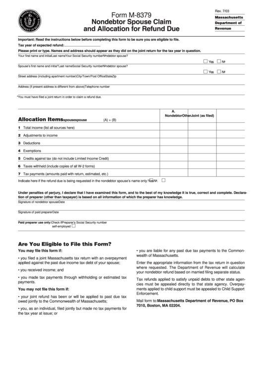 Fillable Form M-8379 - Nondebtor Spouse Claim And Allocation For Refund Due Printable pdf