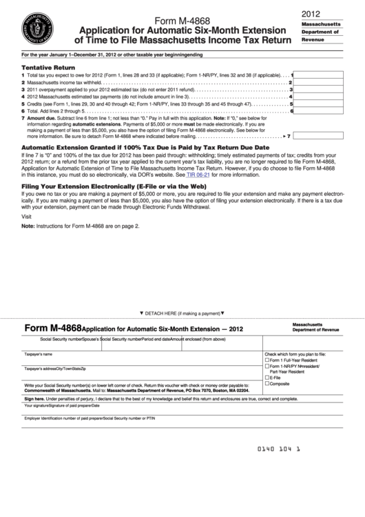 Fillable Form M-4868 - Application For Automatic Six-Month Extension Of Time To File Massachusetts Income Tax Return - 2012 Printable pdf