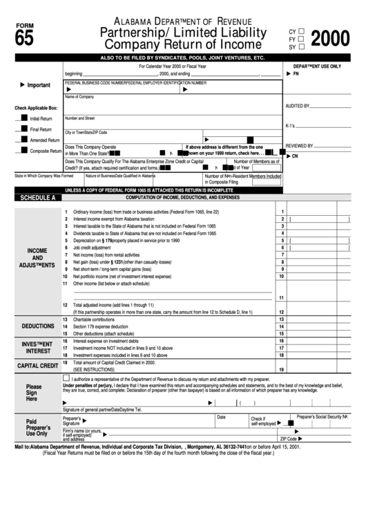 Form 65 - Partnership/limited Liability Company Return Of Income - 2000 Printable pdf