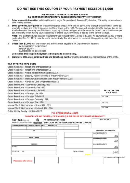 Fillable Form Rev-423 - Pennsylvania Specialty Taxes Estimated Payment Coupon Printable pdf