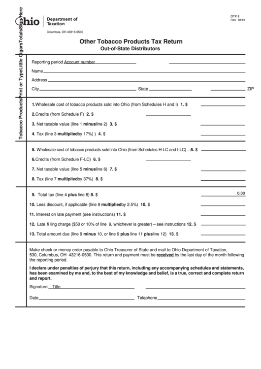 Fillable Form Otp 6 - Other Tobacco Products Tax Return Printable pdf