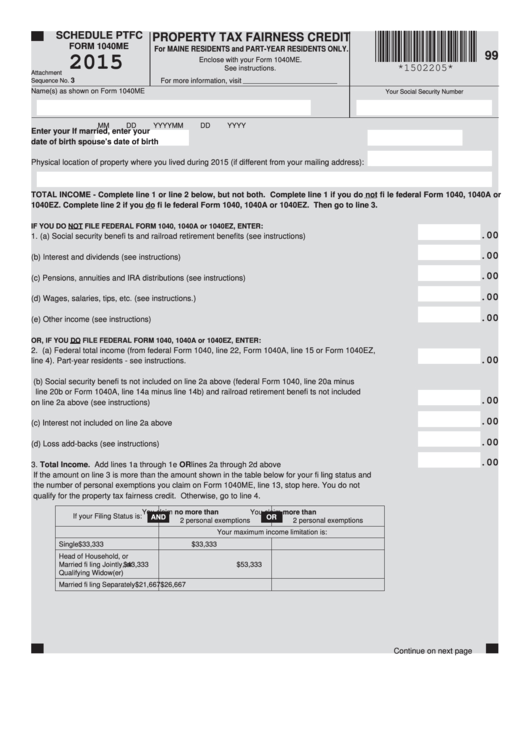 Schedule Ptfc (Form 1040me) - Maine Property Tax Fairness Credit - 2015 Printable pdf