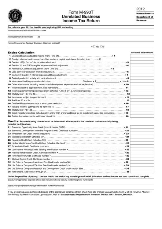 Fillable Form M-990t - Unrelated Business Income Tax Return - 2012 Printable pdf