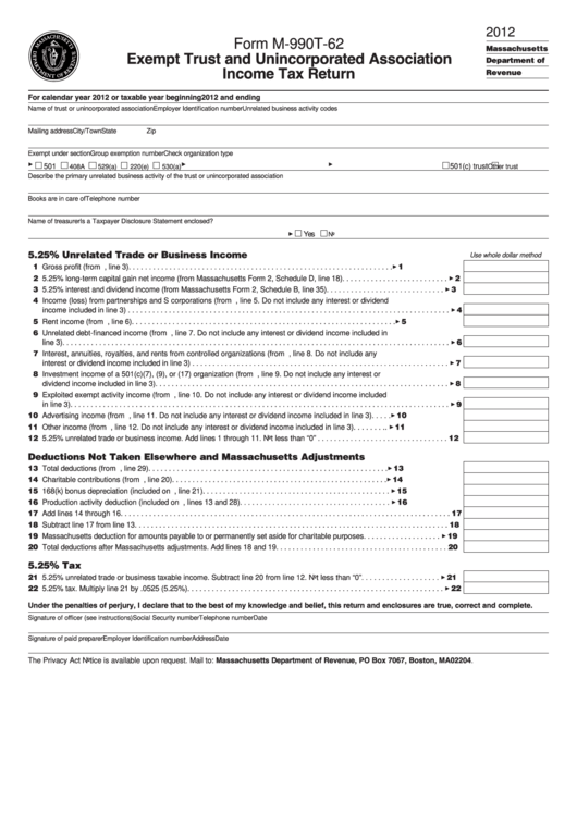 Fillable Form M-990t-62 - Exempt Trust And Unincorporated Association Income Tax Return - 2012 Printable pdf