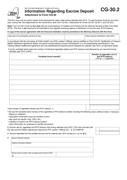 Form Cg-30.2 - Information Regarding Escrow Deposit - 2014 Printable pdf