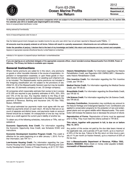 Form 63-29a - Ocean Marine Profits Tax Return - 2012 Printable pdf