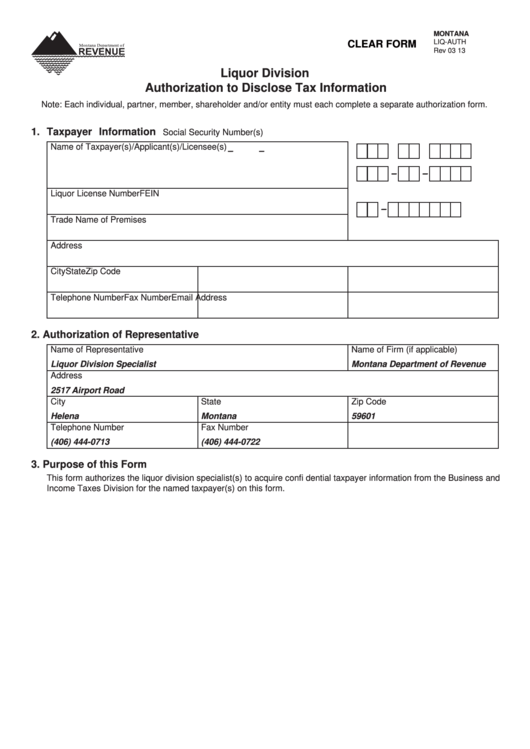 Fillable Form Liq-Auth - Liquor Division Authorization To Disclose Tax Information Printable pdf