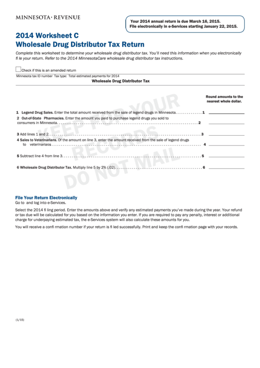 Worksheet C - Minnesota Wholesale Drug Distributor Tax Return - 2014 Printable pdf